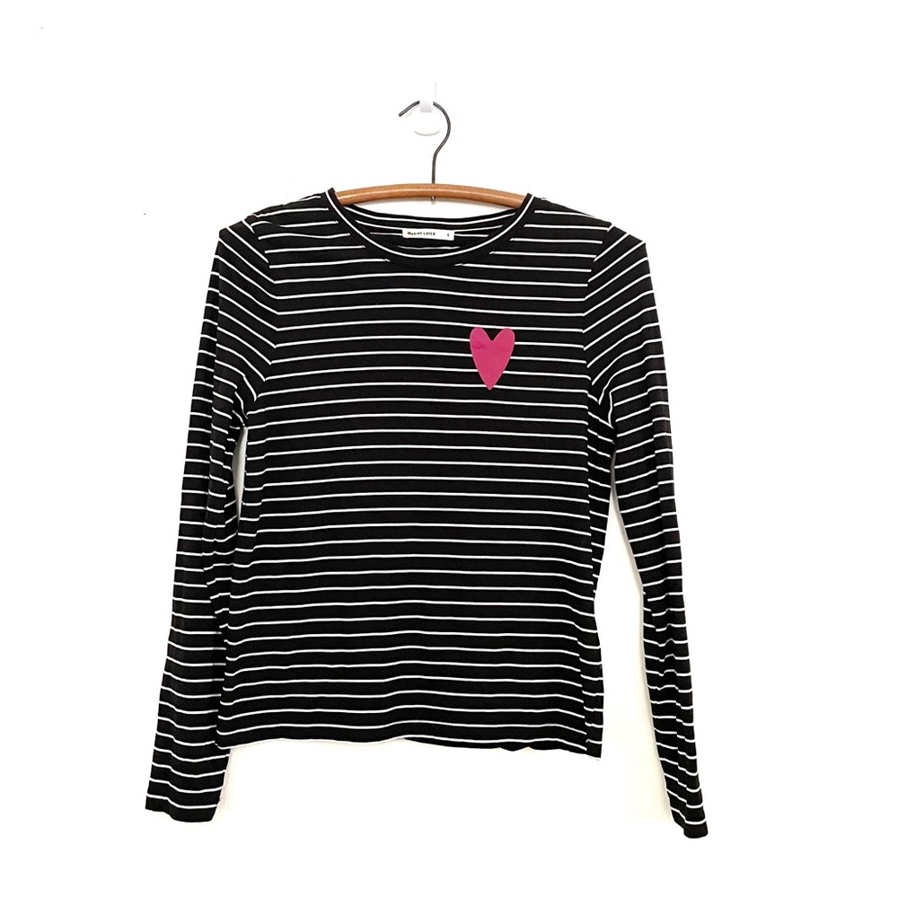 Marine Layer Chloe Black White Stripe Long Sleeve Heart Graphic Tee Size Small